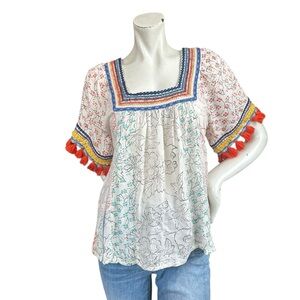 Anthropologie Maeve Paolina Puff Sleeve Tassel Trim Square Neck Blouse XS Petite